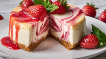 Delicious Strawberry Swirl Cheesecake Ready to Serve