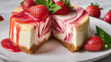 Delicious Strawberry Swirl Cheesecake Ready to Serve