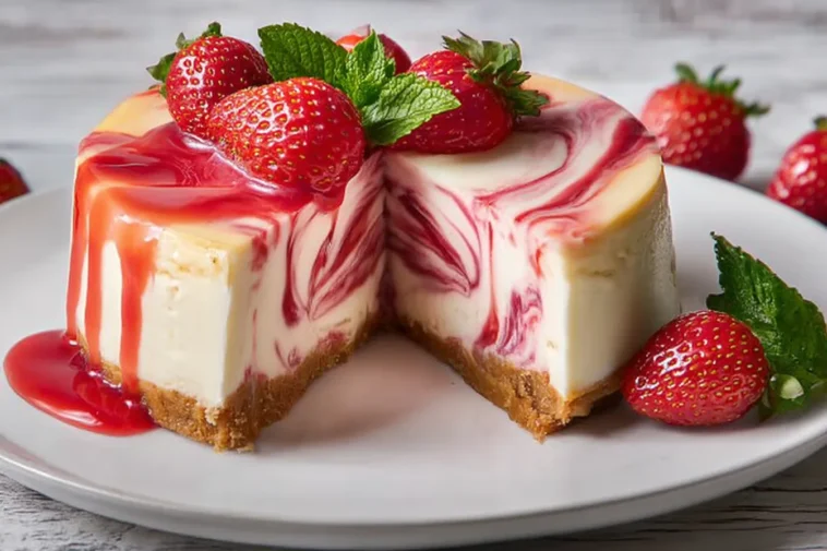 Delicious Strawberry Swirl Cheesecake Ready to Serve