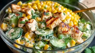 Street Corn Creamy Cucumber Chicken Salad in a Bowl