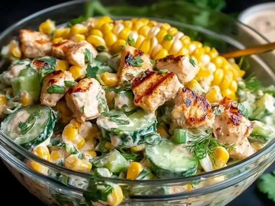 Street Corn Creamy Cucumber Chicken Salad in a Bowl
