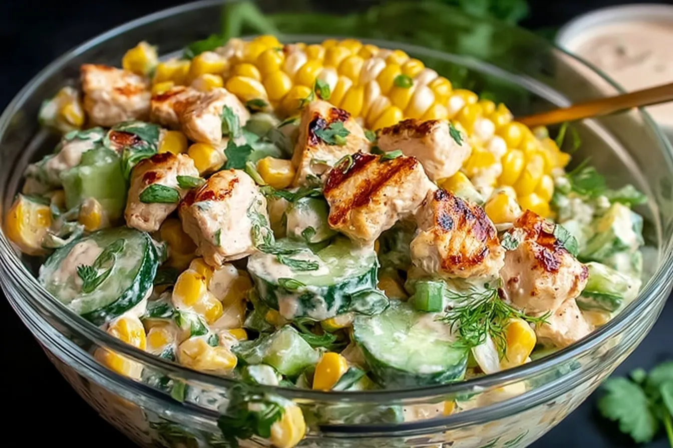 Street Corn Creamy Cucumber Chicken Salad in a Bowl