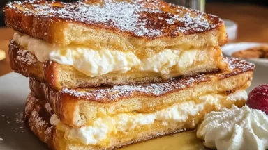 Decadent Stuffed Cream Cheese French Toast on a Plate