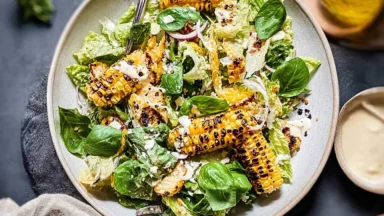 Summer Caesar Salad with Charred Sweet Corn on a Plate