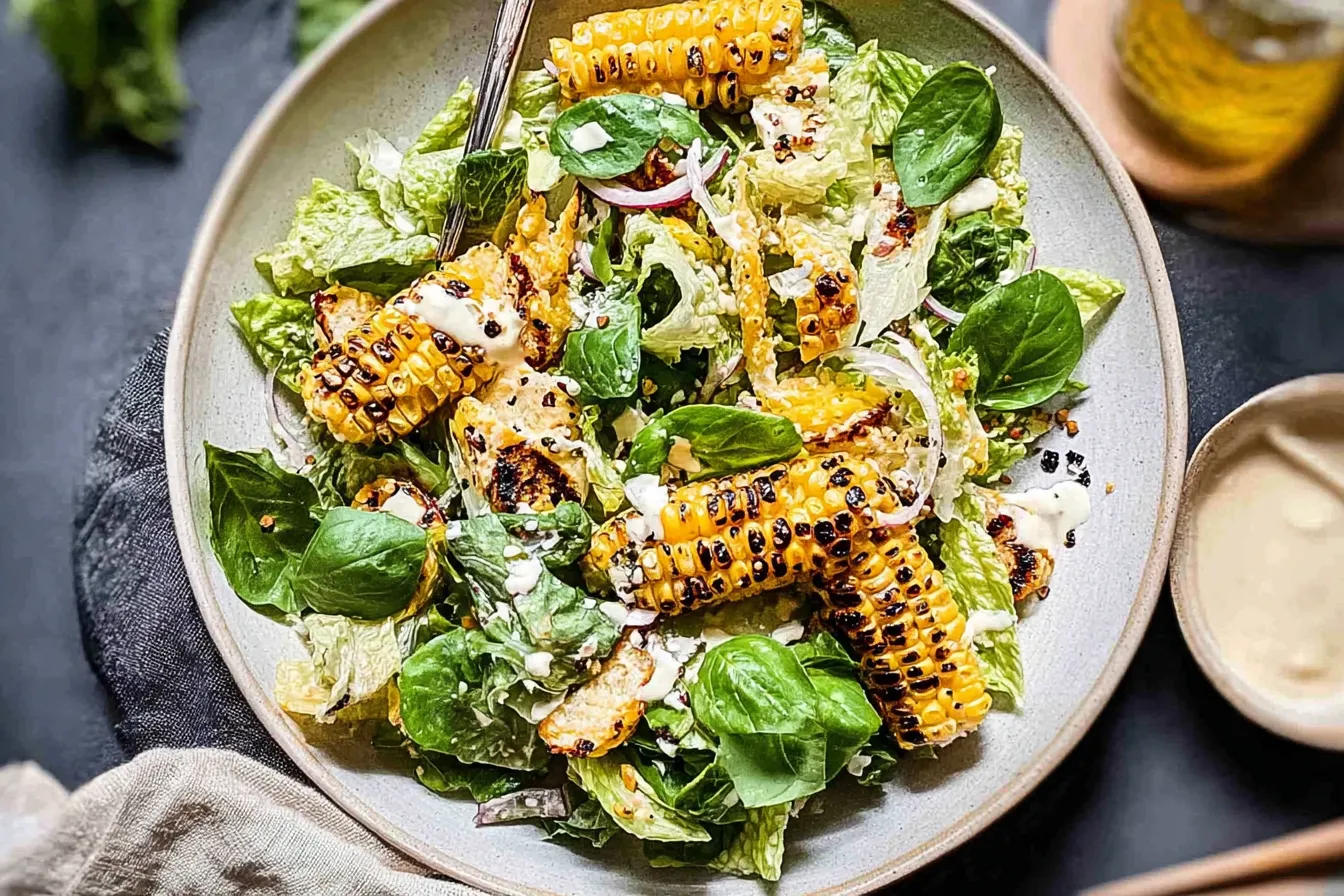 Summer Caesar Salad with Charred Sweet Corn on a Plate