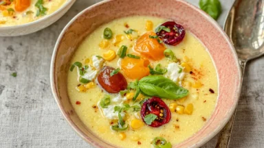 Summer Sweet Corn Gazpacho Served Chilled