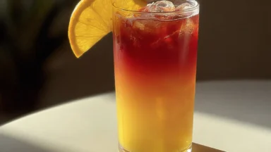 Sunrise Mocktail in a Glass with Fresh Fruit Garnish