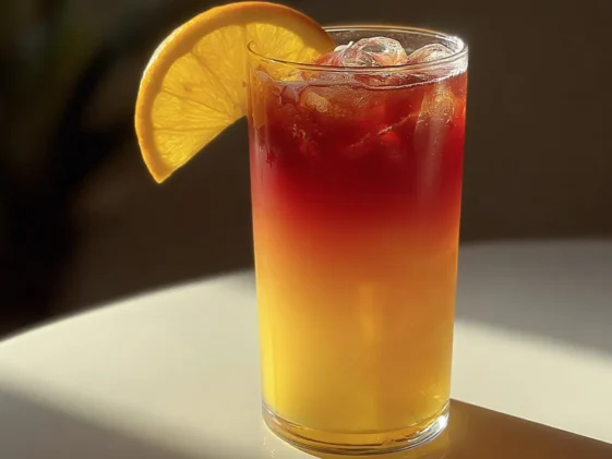Sunrise Mocktail in a Glass with Fresh Fruit Garnish