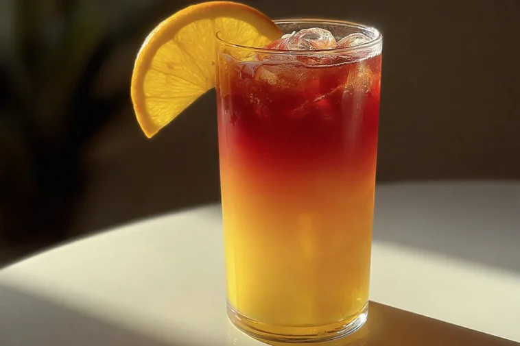 Sunrise Mocktail in a Glass with Fresh Fruit Garnish