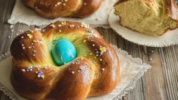 Traditional Italian Easter Bread with Colorful Eggs