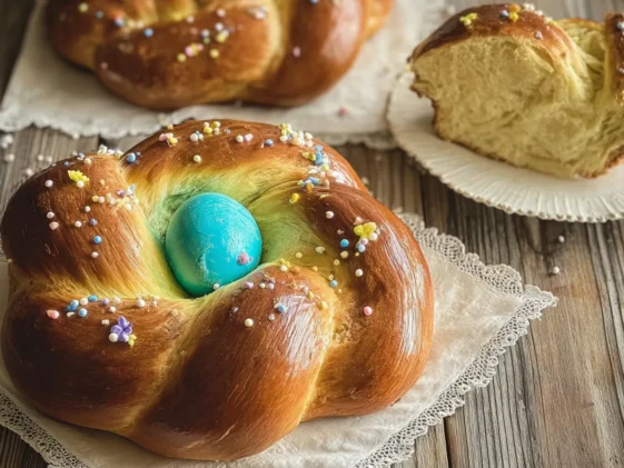 Traditional Italian Easter Bread with Colorful Eggs