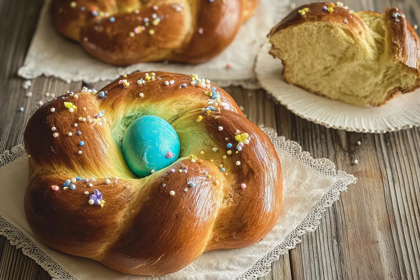 Traditional Italian Easter Bread with Colorful Eggs