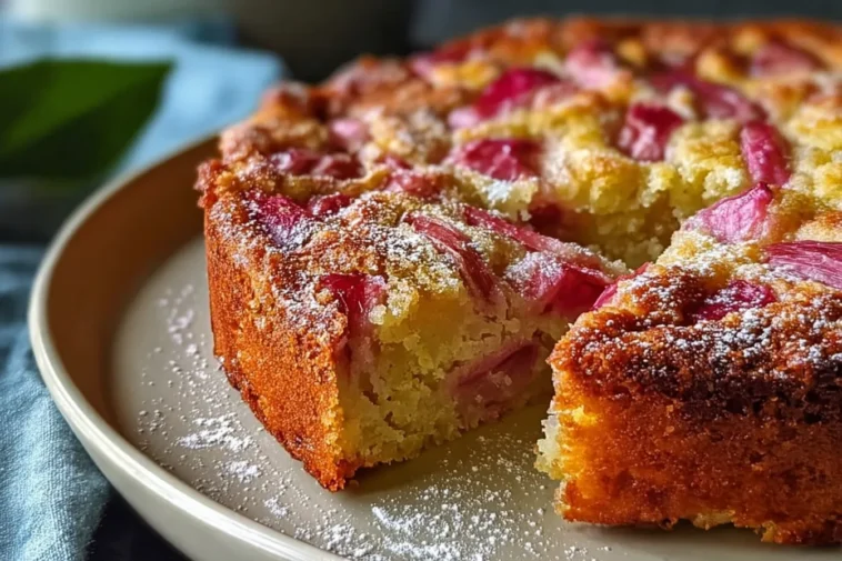 Traditional Norwegian Rhubarb Cake with a Tender Crust - Slice