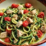 Zucchini Noodles with Chicken and Tomatoes in Lemon Garlic Sauce