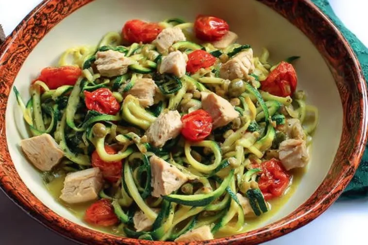 Zucchini Noodles with Chicken and Tomatoes in Lemon Garlic Sauce