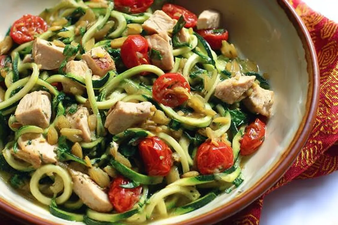 Zucchini Noodles with Chicken and Tomatoes in a Lemon Garlic Sauce
