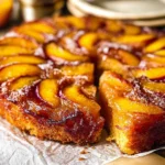 Bourbon Peach Upside Down Cake Slice on a Plate