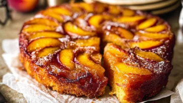 Bourbon Peach Upside Down Cake Slice on a Plate