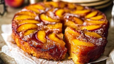 Bourbon Peach Upside Down Cake Slice on a Plate