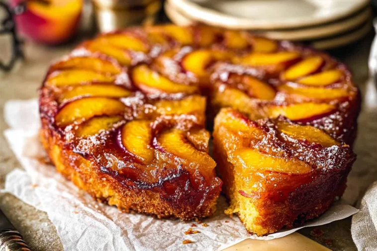 Bourbon Peach Upside Down Cake Slice on a Plate