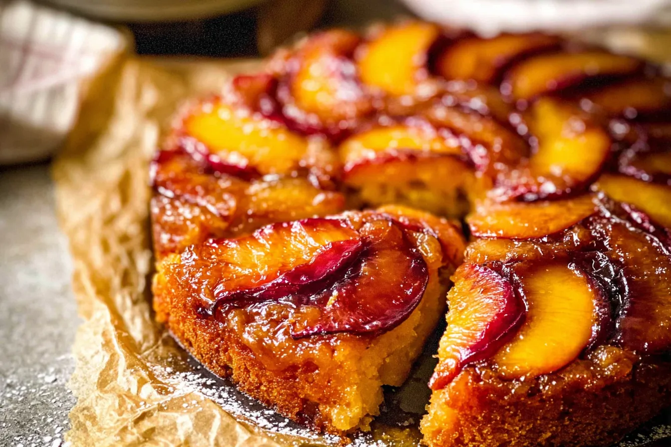 Bourbon Peach Upside Down Cake on a Rustic Table