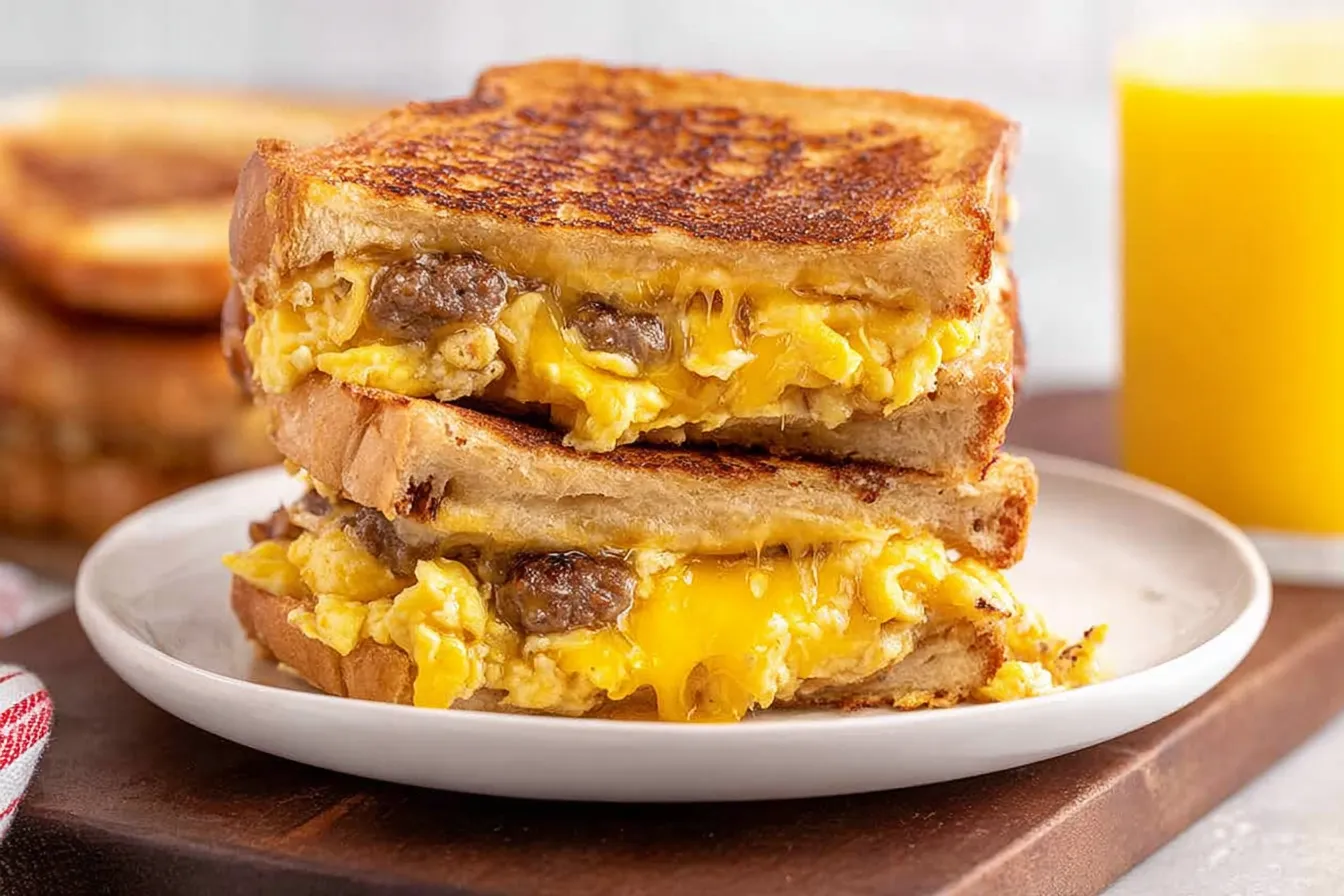 Delicious Breakfast Grilled Cheese Sandwich with Eggs and Sausage