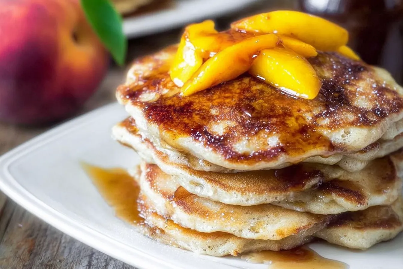 Delicious Brown Sugar Peach Pancakes Stacked High