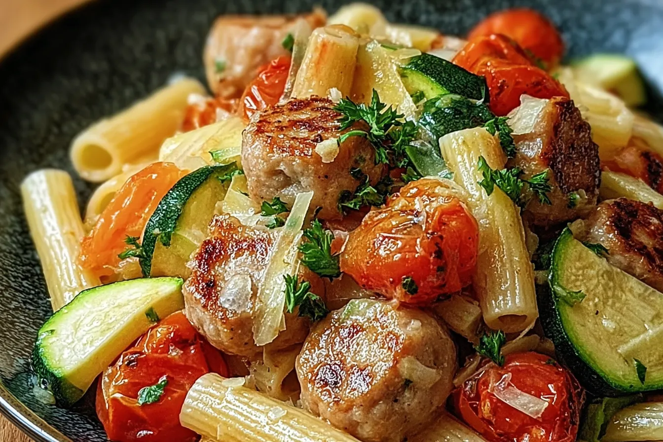 Chicken Sausages with Zucchini, Tomatoes, and Pasta: Absolutely Delicious! 3 Delicious Chicken Sausages with Zucchini and Pasta