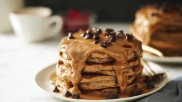 Delectable Coffee Pancakes Served with Maple Syrup