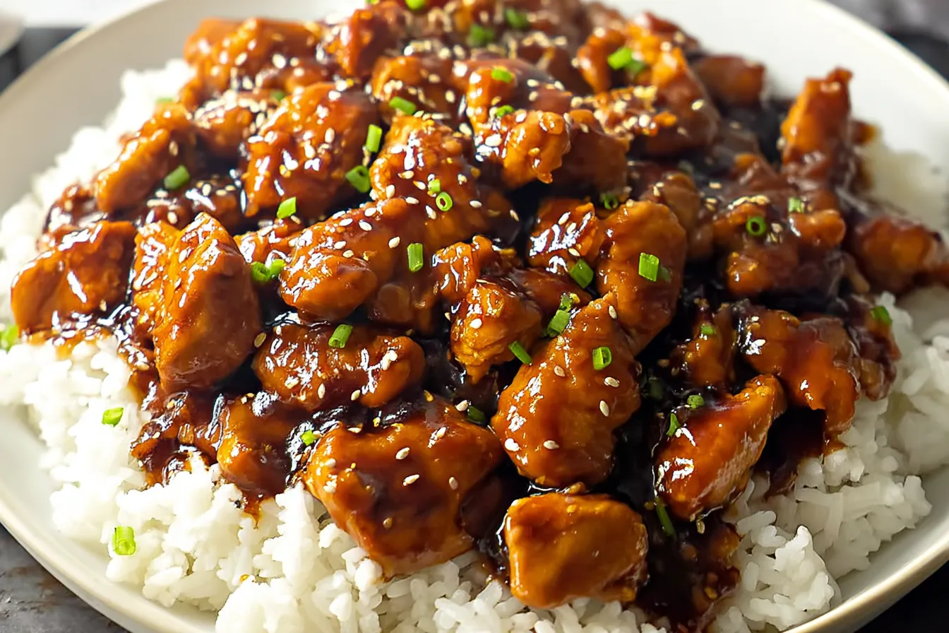 Easy Bourbon Chicken Plated with Fresh Garnish