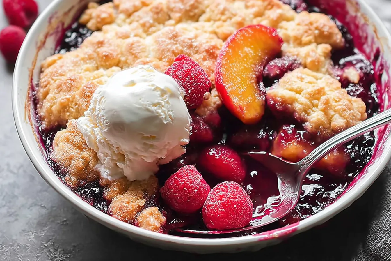 Delicious Easy Peach and Raspberry Cobbler Slice