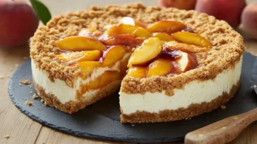 Delicious Easy Peach Cobbler Cheesecake Slice