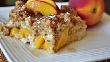 Easy Peaches and Cream French Toast Bake on a platter