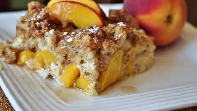 Easy Peaches and Cream French Toast Bake on a platter