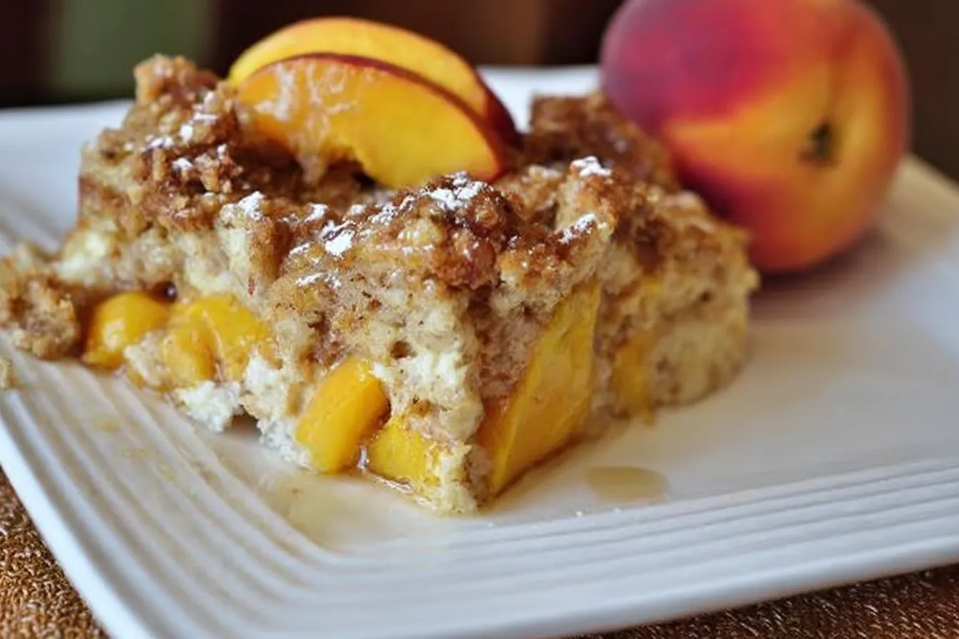 Easy Peaches and Cream French Toast Bake on a platter