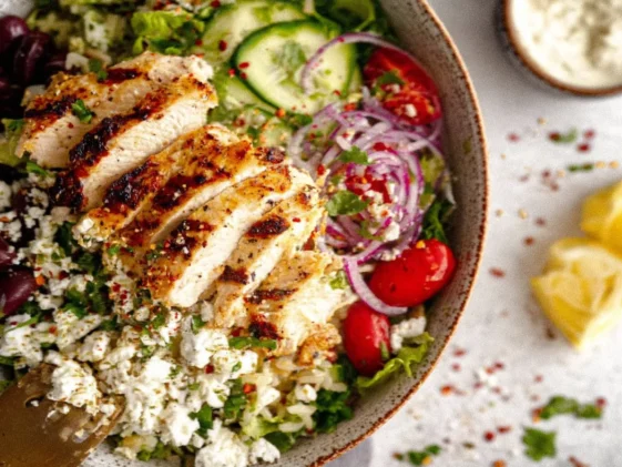Greek Chicken Bowl with Fresh Vegetables and Tzatziki
