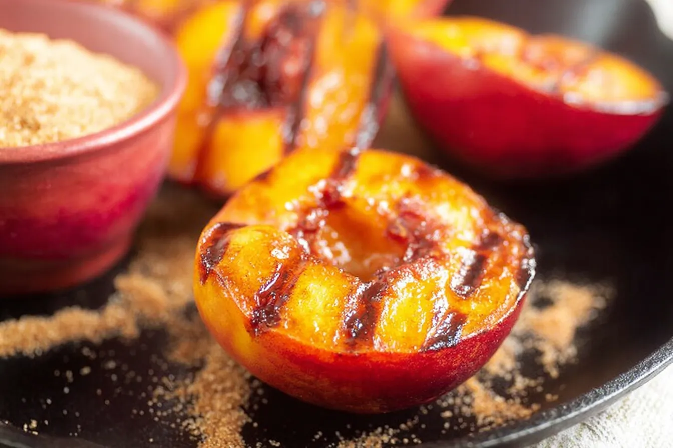 Grilled Peaches with Cinnamon and Brown Sugar on a Plate