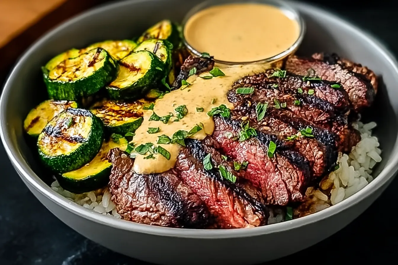 Grilled Steak Bowl with Sauce & Grilled Zucchini Bliss 