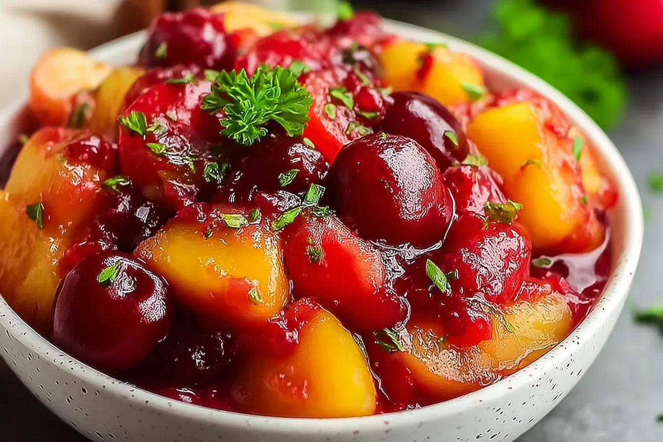 Healthy Peach Cherry Salsa in a Bowl