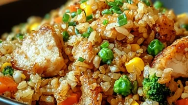 High Protein Crispy Garlic Chicken Fried Rice Plated