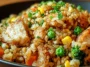 High Protein Crispy Garlic Chicken Fried Rice Plated