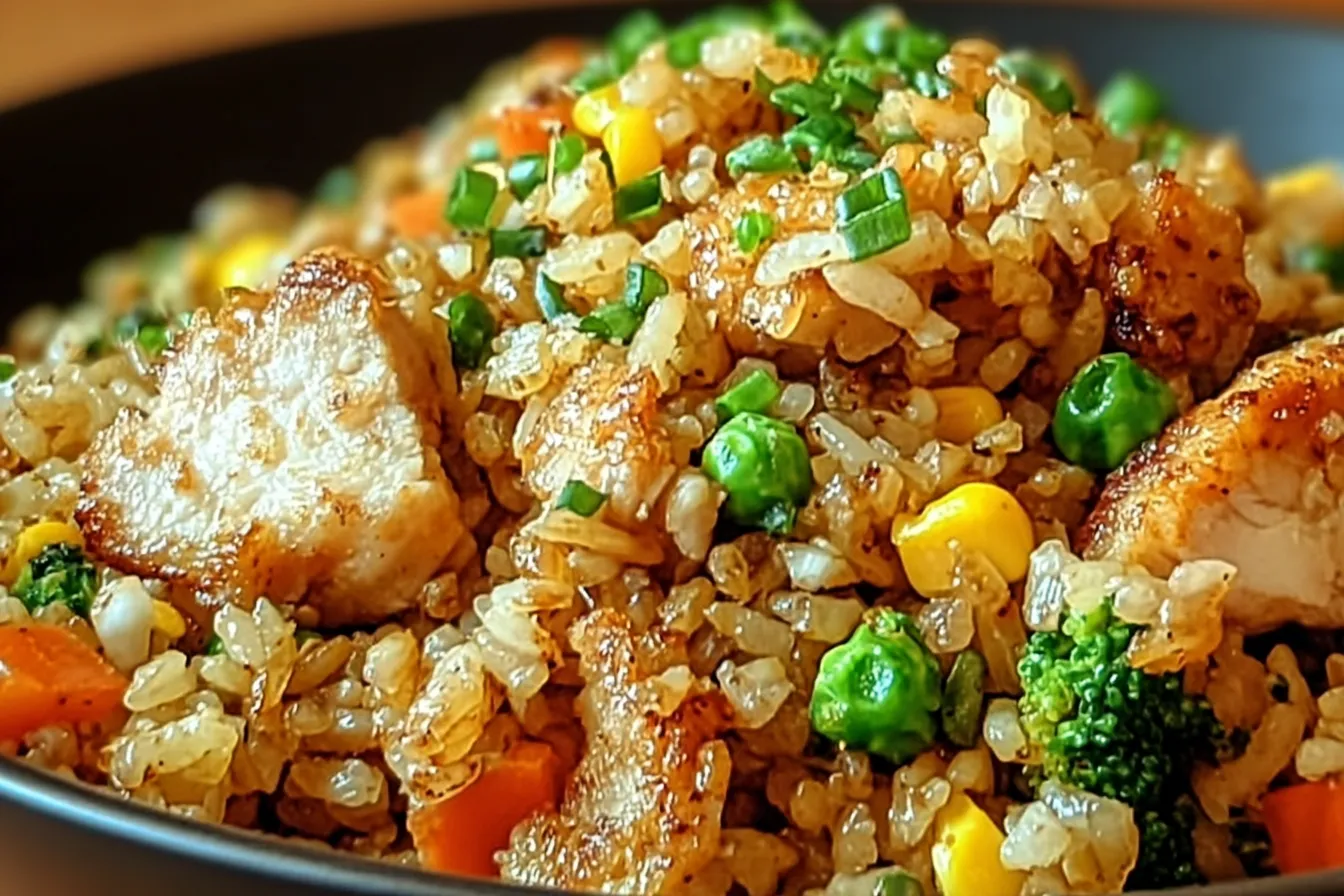 High Protein Crispy Garlic Chicken Fried Rice Plated