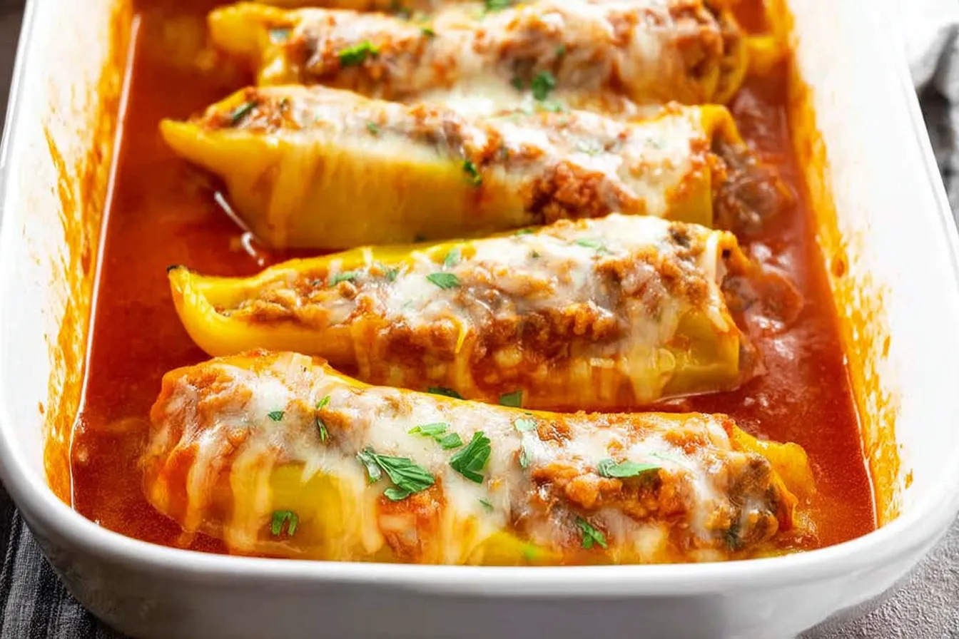 Italian Sausage Stuffed Banana Peppers on a Serving Plate