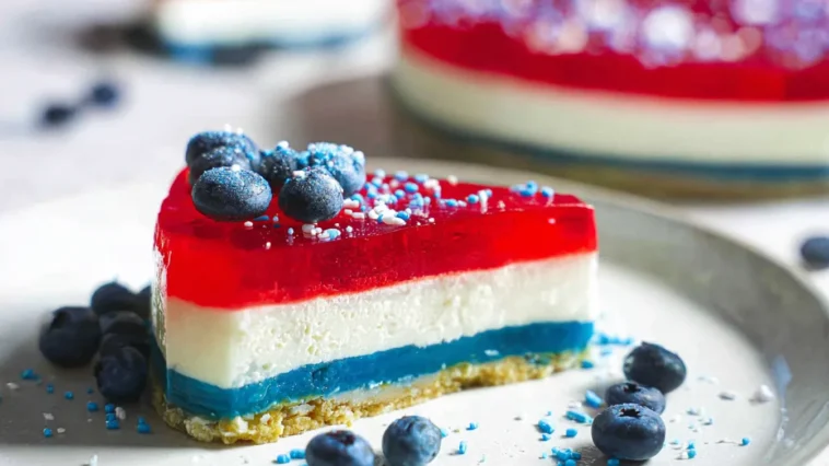 No-Bake Red White & Blue Jello Cheesecake on a Plate