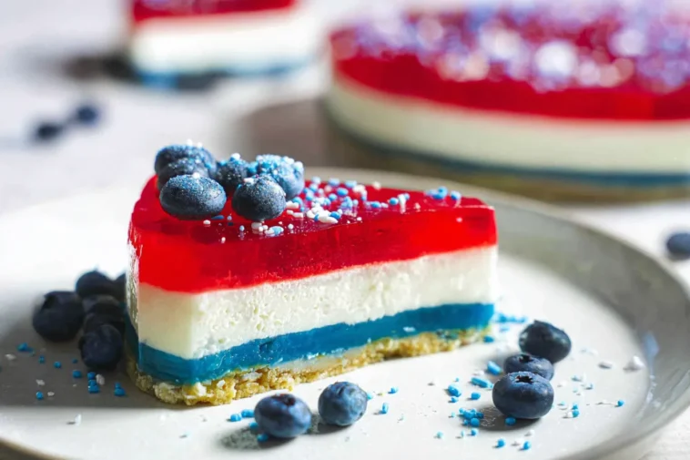 No-Bake Red White & Blue Jello Cheesecake on a Plate