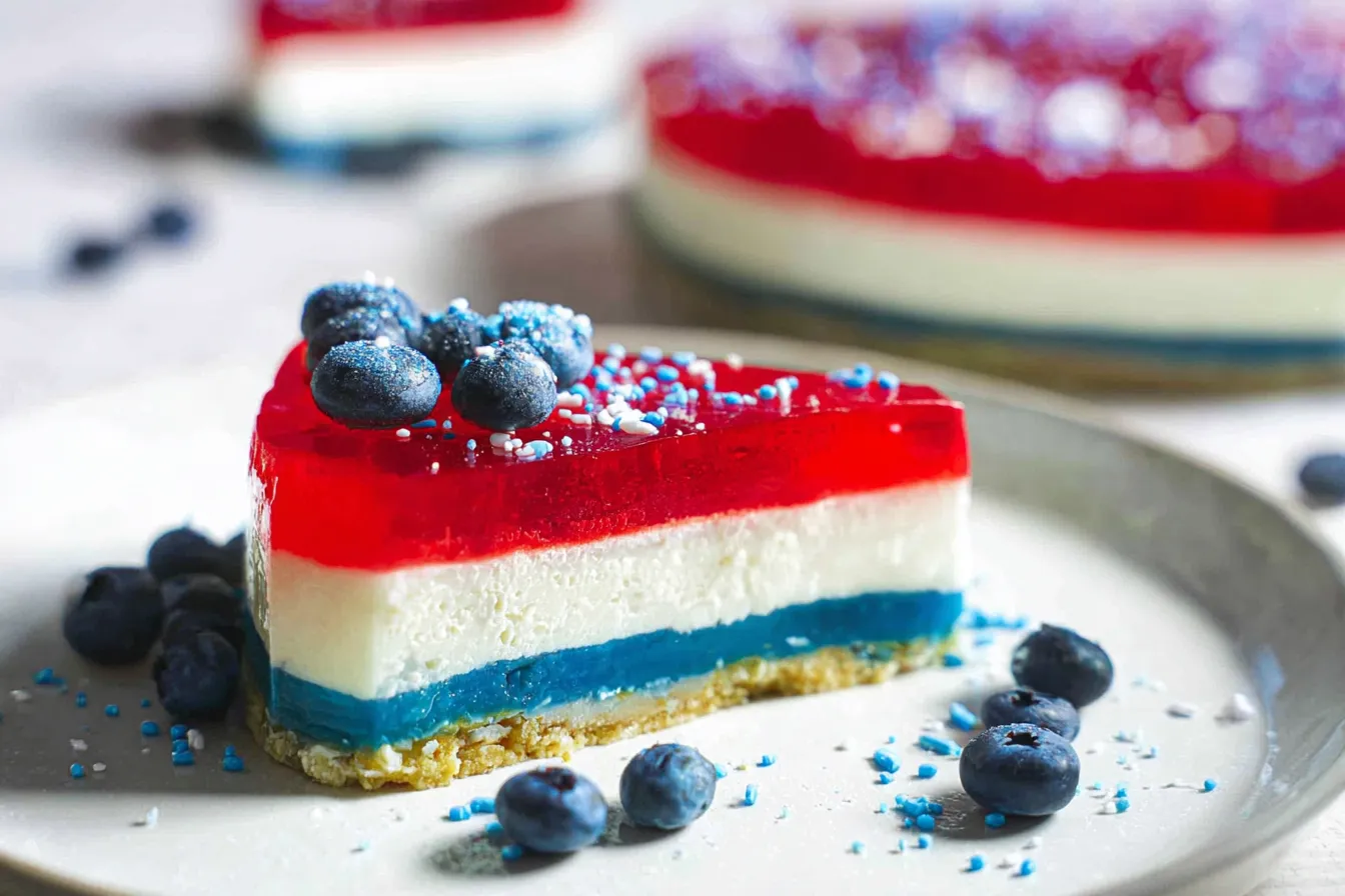 No-Bake Red White & Blue Jello Cheesecake Delight 3 No-Bake Red White & Blue Jello Cheesecake on a Plate