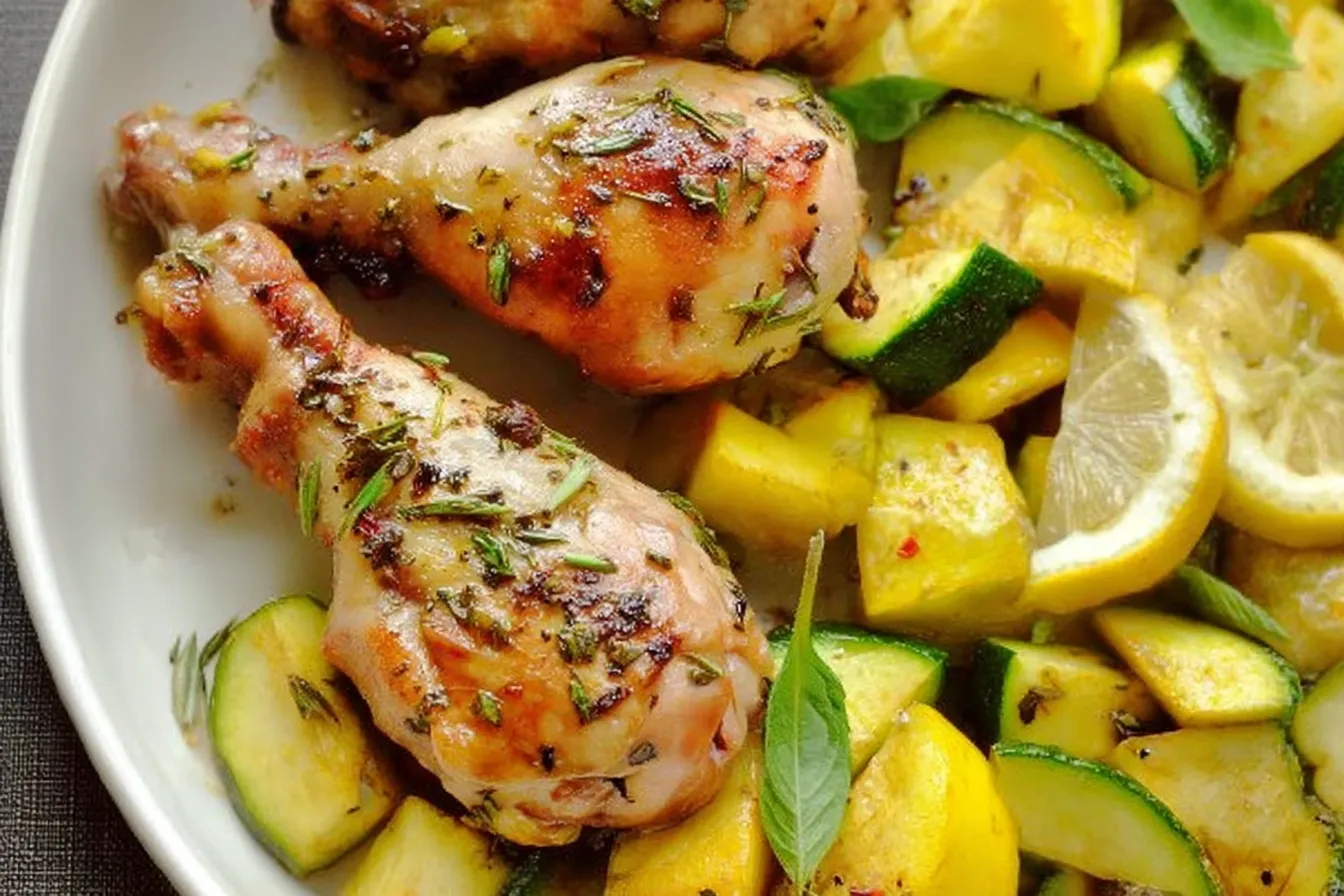 One Pan Garlic & Herb Chicken Drumsticks with Patty Pan Squash