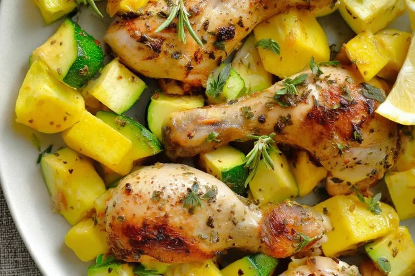 One Pan Garlic & Herb Chicken Drumsticks with Patty Pan Squash
