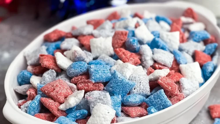 Patriotic Muddy Buddies in a Bowl