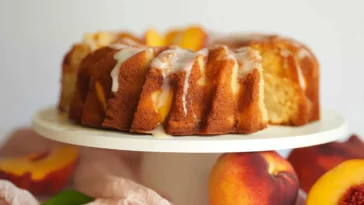 Peach Cobbler Pound Cake Slice on a Plate